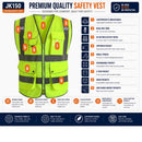 Custom Logo Hi-Vis Reflective Safety Vest with 9 Pockets and Zipper – JK150