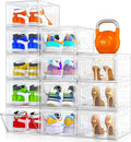 12 Pack Clear Shoe Storage Organizer with Magnetic Door,Stackable Plastic Shoe Boxes for Sneakers,Boots,and Heels,Space-Saving Foldable Shoe Rack for Closet,Durable Shoe Cabinet Organizer,White
