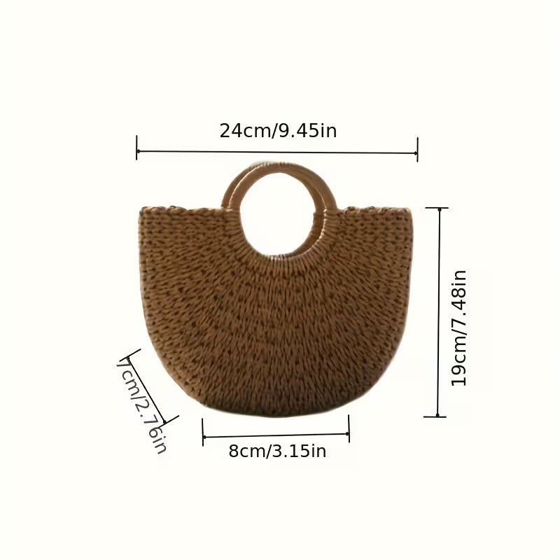 Handmade Woven Straw Braid Bag Ingot-Shaped Round Bucket Bag Beach Street Large-Capacity Tote Basket Bag