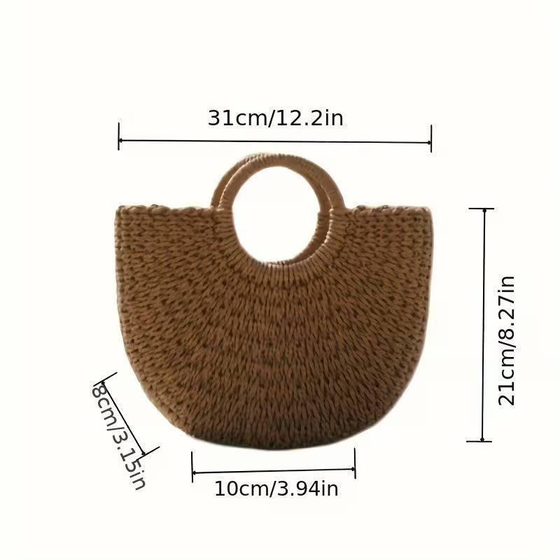 Handmade Woven Straw Braid Bag Ingot-Shaped Round Bucket Bag Beach Street Large-Capacity Tote Basket Bag