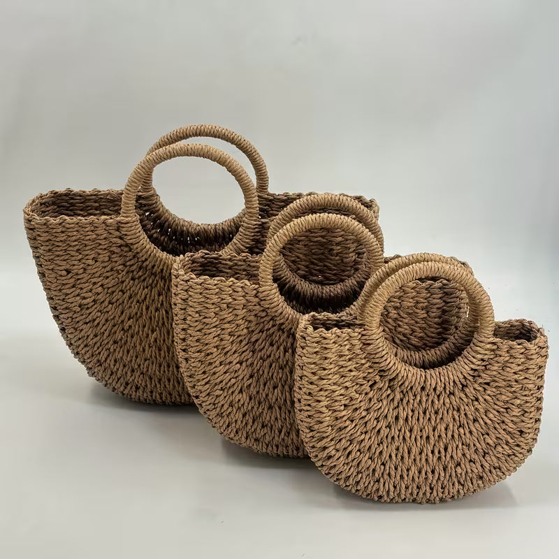 Handmade Woven Straw Braid Bag Ingot-Shaped Round Bucket Bag Beach Street Large-Capacity Tote Basket Bag