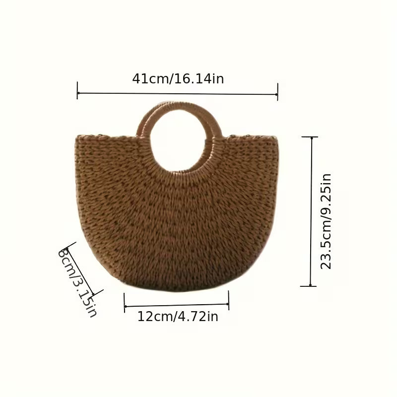 Handmade Woven Straw Braid Bag Ingot-Shaped Round Bucket Bag Beach Street Large-Capacity Tote Basket Bag