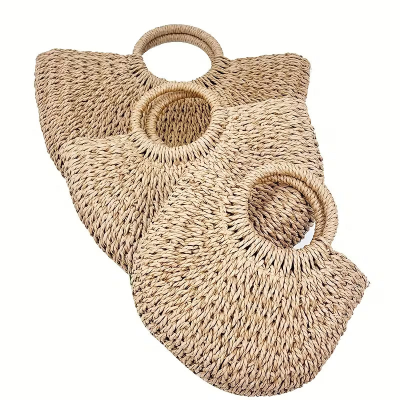 Handmade Woven Straw Braid Bag Ingot-Shaped Round Bucket Bag Beach Street Large-Capacity Tote Basket Bag