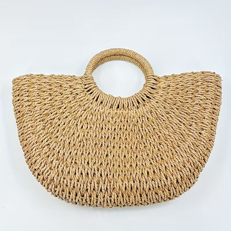 Handmade Woven Straw Braid Bag Ingot-Shaped Round Bucket Bag Beach Street Large-Capacity Tote Basket Bag