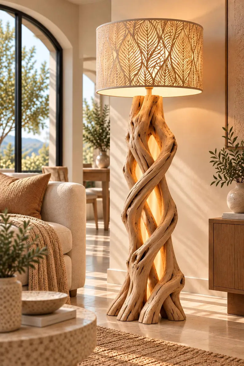 Luxury Rustic Wooden Floor Lamp with Leaf Pattern Shade – Elegant Modern Home Decor
