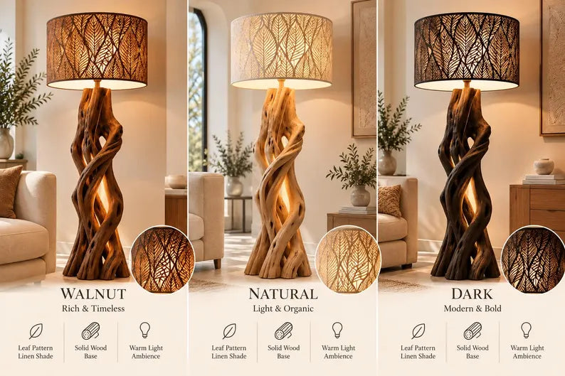 Luxury Rustic Wooden Floor Lamp with Leaf Pattern Shade – Elegant Modern Home Decor