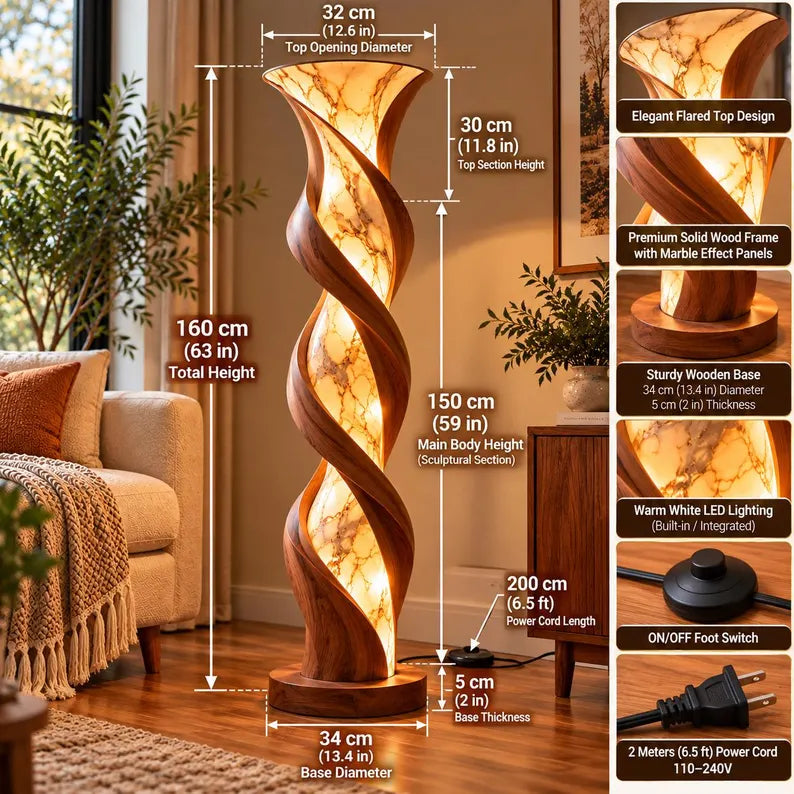 Sculptural Wooden Floor Lamp, Twisted Wood LED Standing Light, Marble Effect Floor Lamp