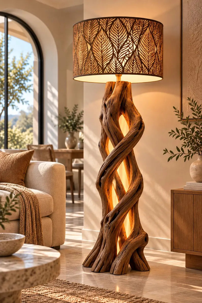 Luxury Rustic Wooden Floor Lamp with Leaf Pattern Shade – Elegant Modern Home Decor