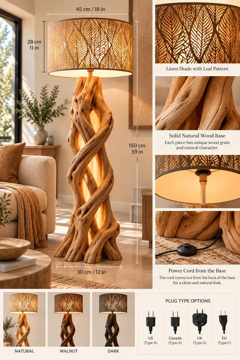 Luxury Rustic Wooden Floor Lamp with Leaf Pattern Shade – Elegant Modern Home Decor